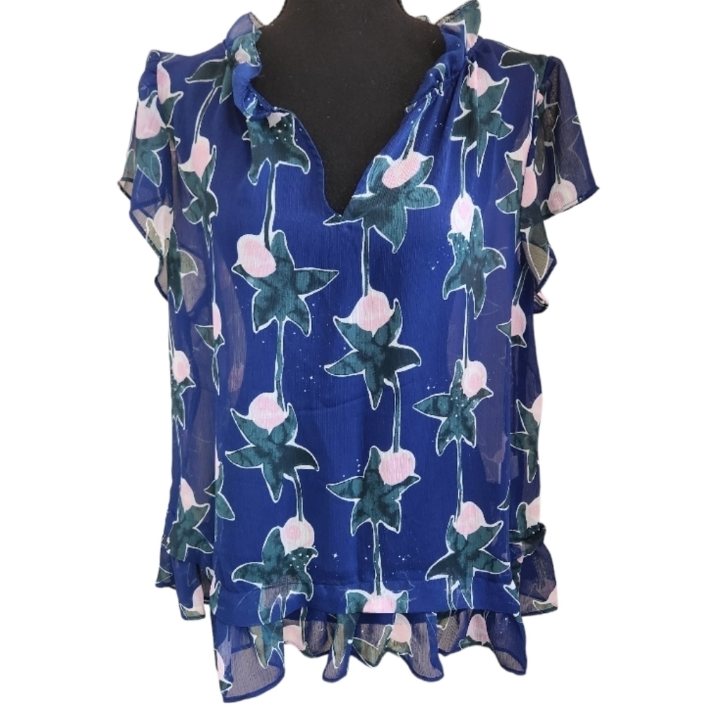 ELLE sheer ruffled flowy blouse blue teal pink size large